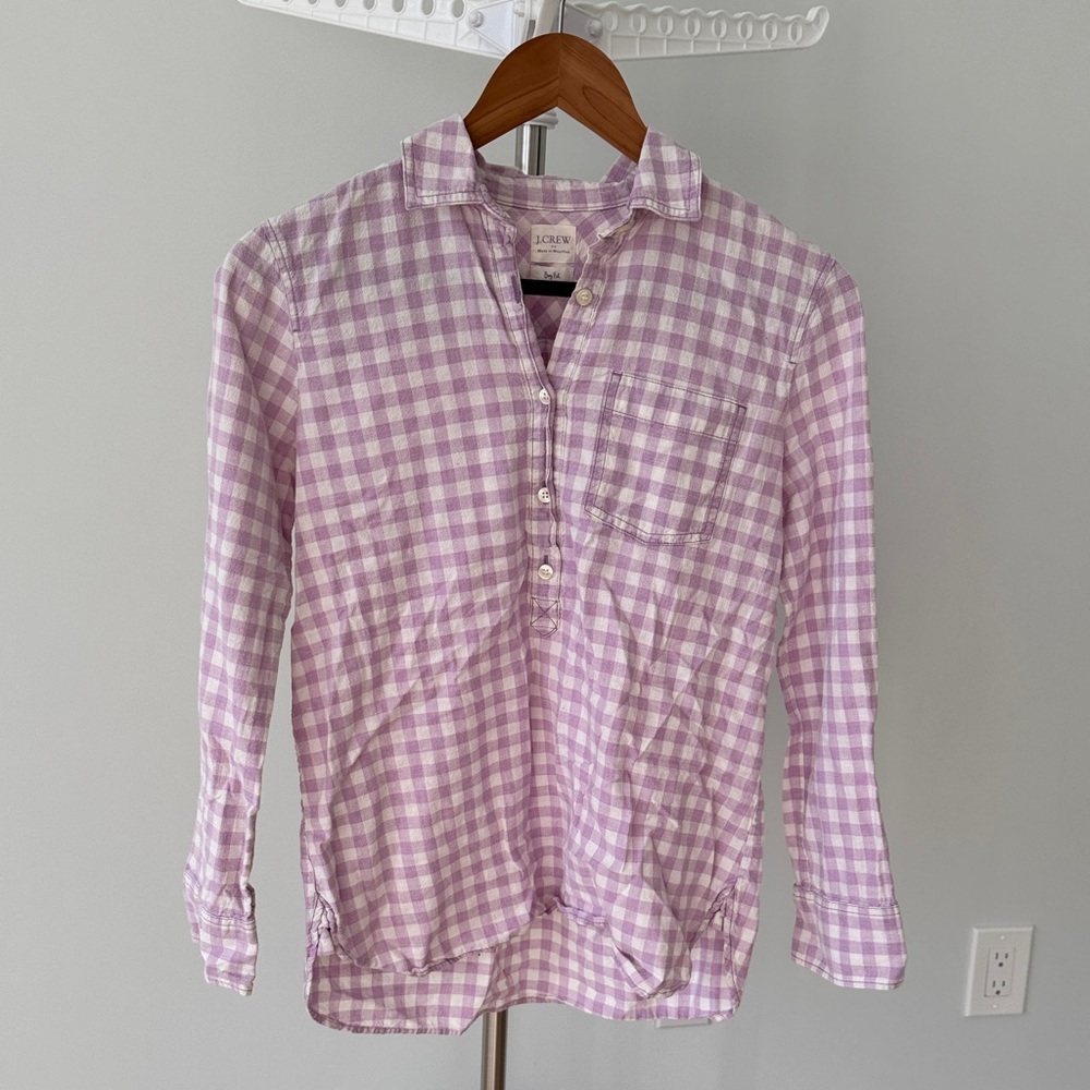 J. Crew Lavender Checkered Cotton Boyfit Blouse, Size XS